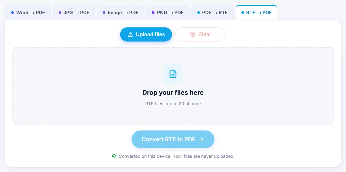 Empty RTF to PDF tab with Upload files and Clear buttons, a drop zone for up to 20 RTF files and a note that files are never uploaded